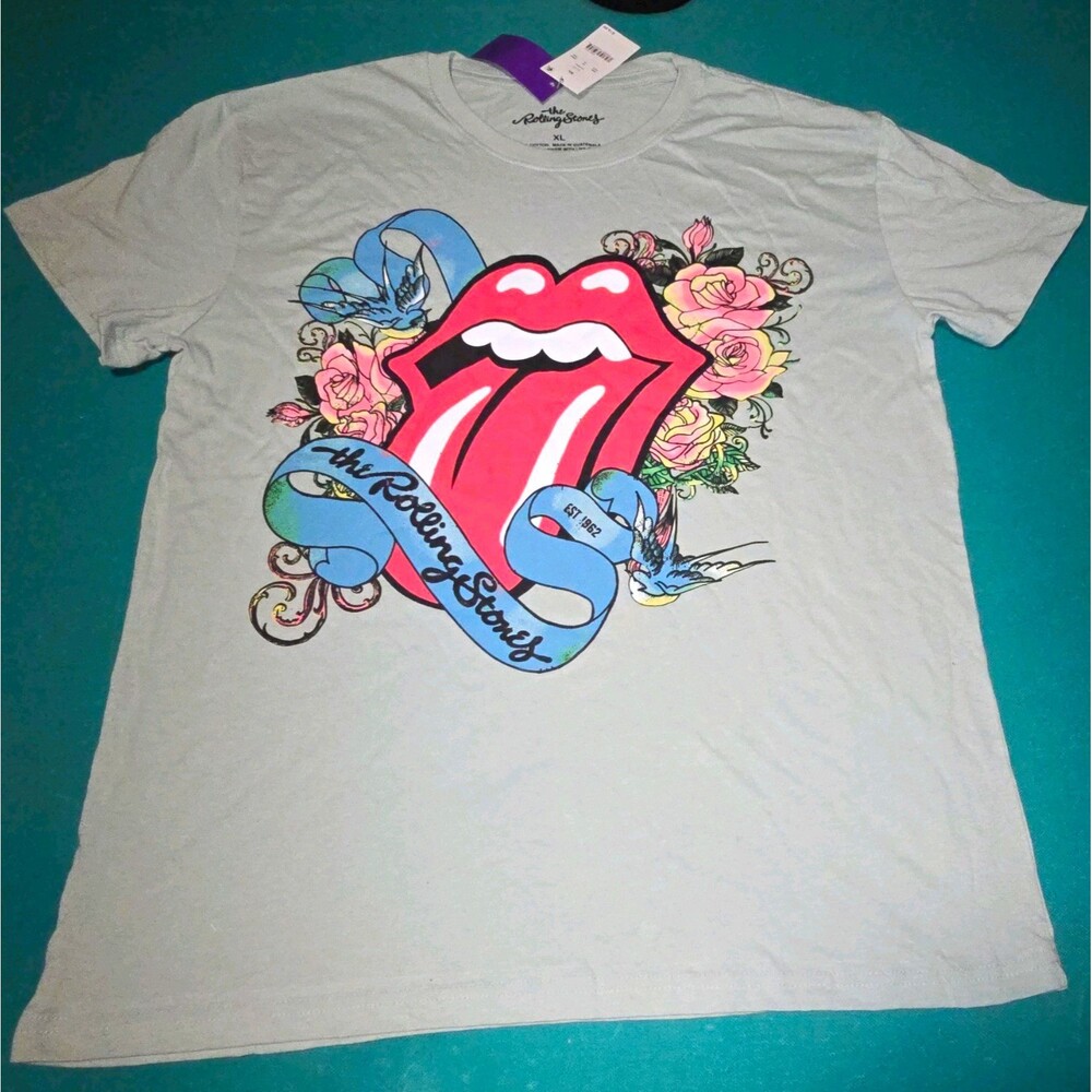 Rolling Stones Tongue Logo Floral Roses Birds Graphic T-Shirt White Size XL